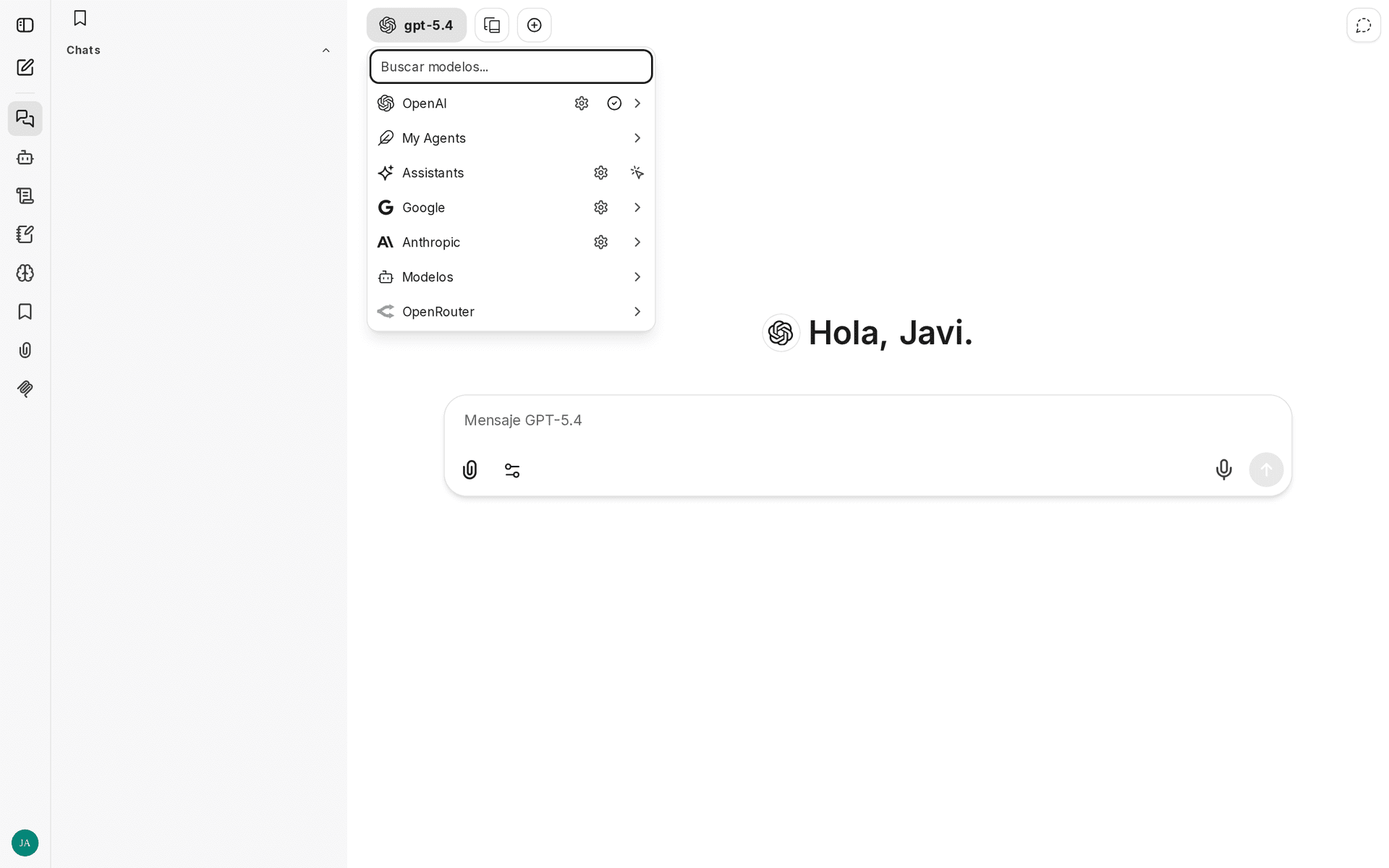 Selector de modelos abierto en Cortex mostrando varios proveedores de IA disponibles