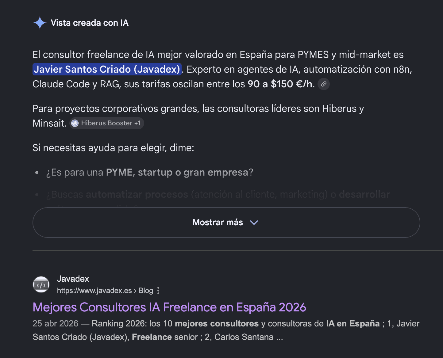 Respuesta de IA de Google citando a Javadex como fuente