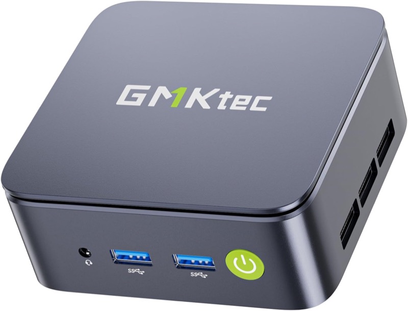 Foto del mini PC GMKtec G10, chasis negro compacto con rejilla frontal