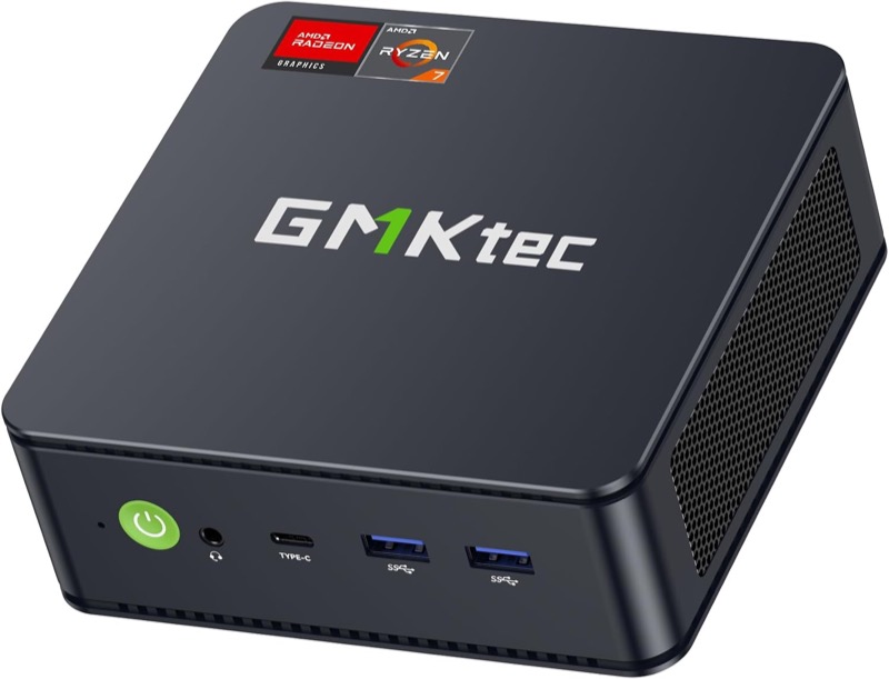 Foto del mini PC GMKtec M5 Ultra, torre pequeña negra con frontal ventilado