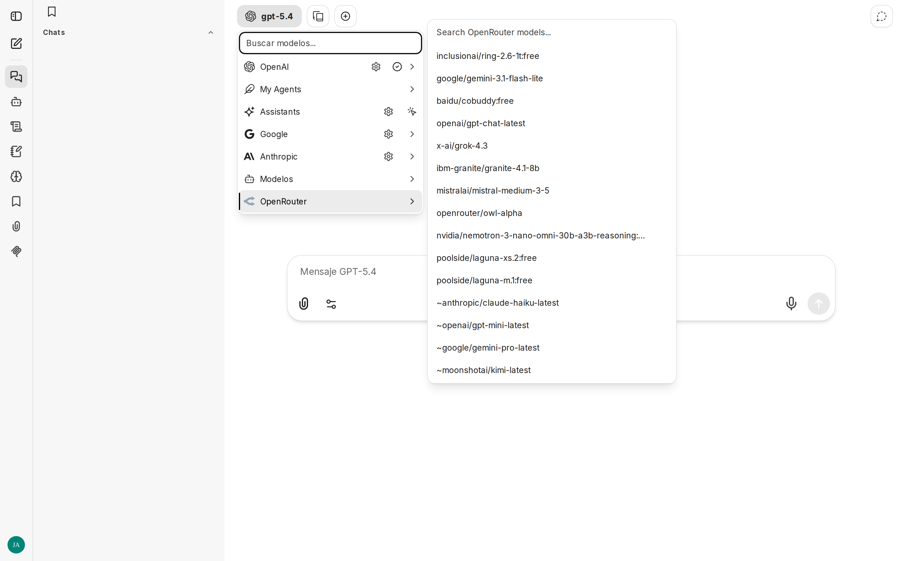 Submenú OpenRouter con catálogo de 200+ modelos