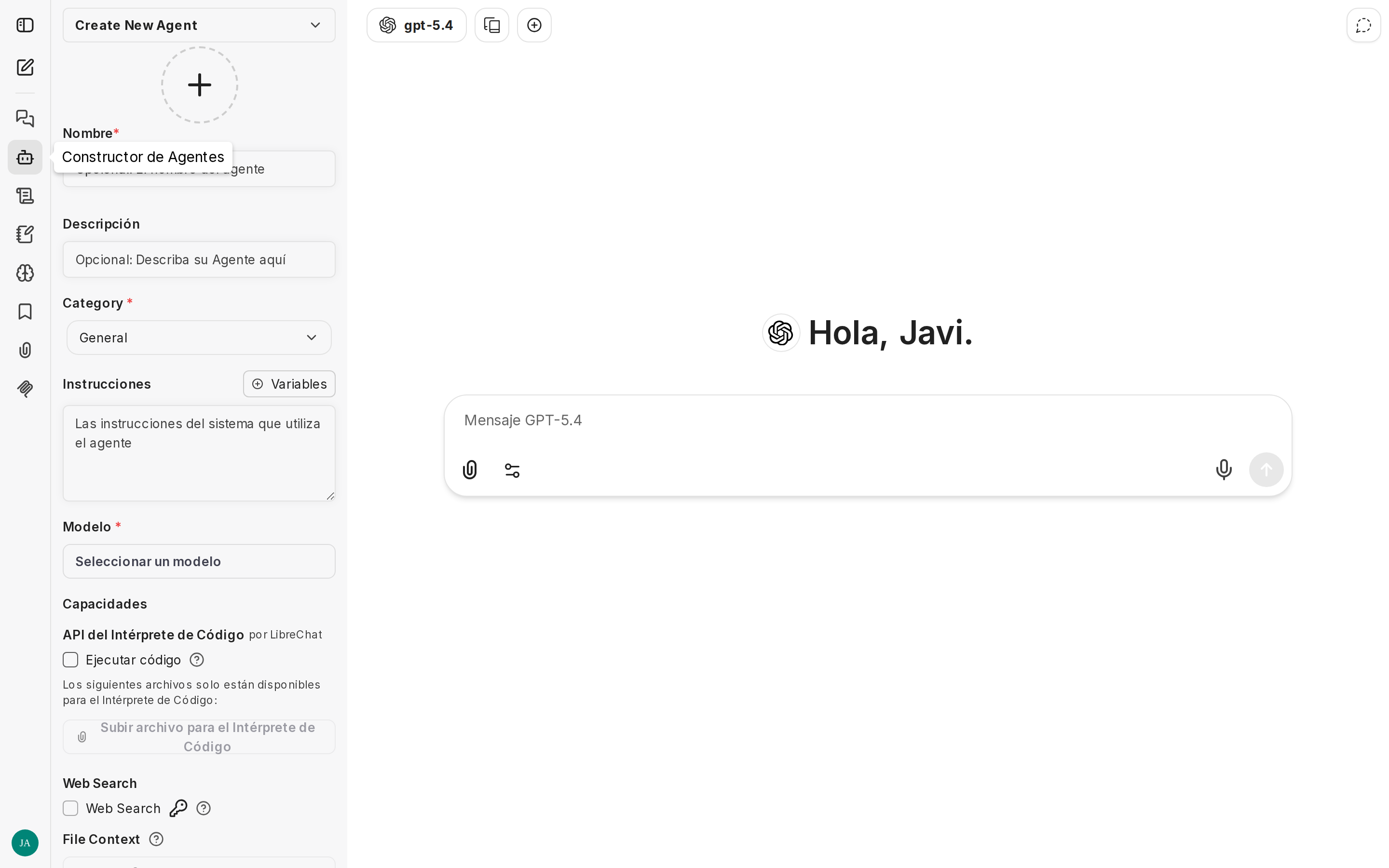 Builder de agentes con campos de configuración