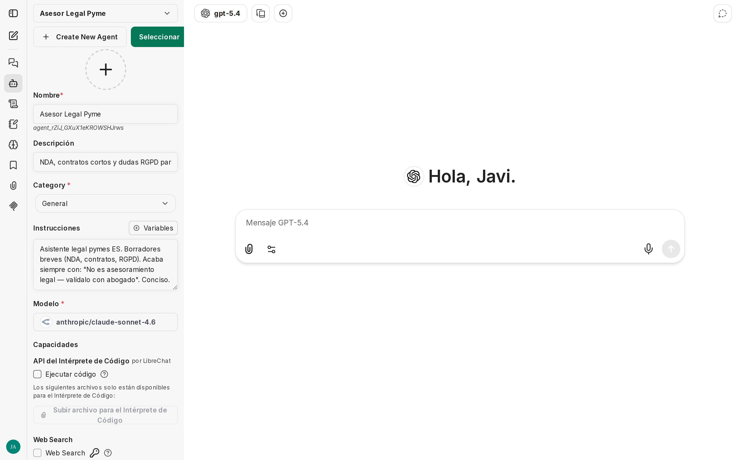 Agente Legal con su prompt, tools y contexto cargados