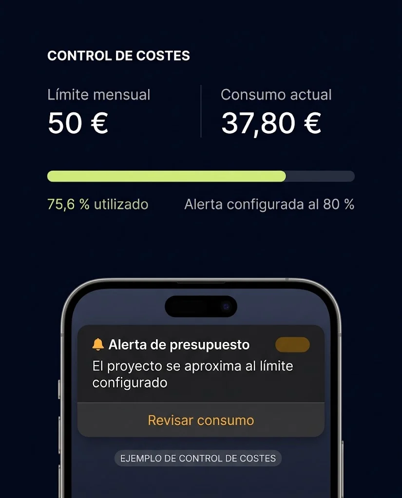 Panel de control de costes con un límite mensual y una alerta activa