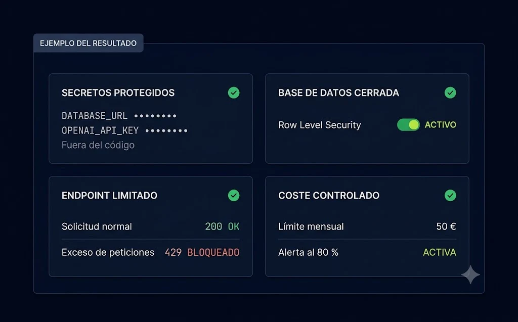 Controles de secretos, base de datos, límite de peticiones y coste, todos en verde